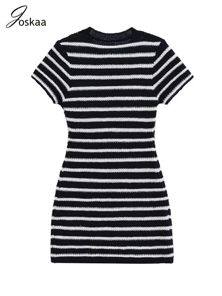 Women's Stripe Knit Short Sleeve Mini Dress Black White Stripe – Back View