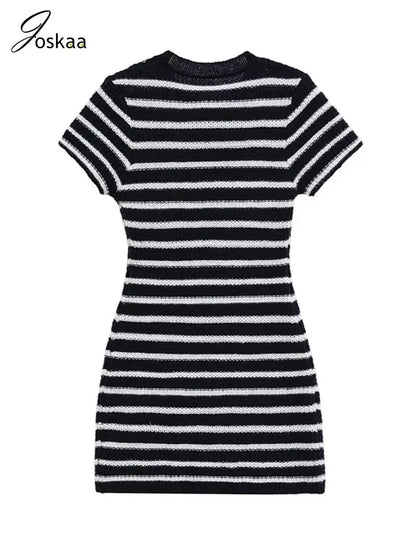 Women's Stripe Knit Short Sleeve Mini Dress Black White Stripe – Back View