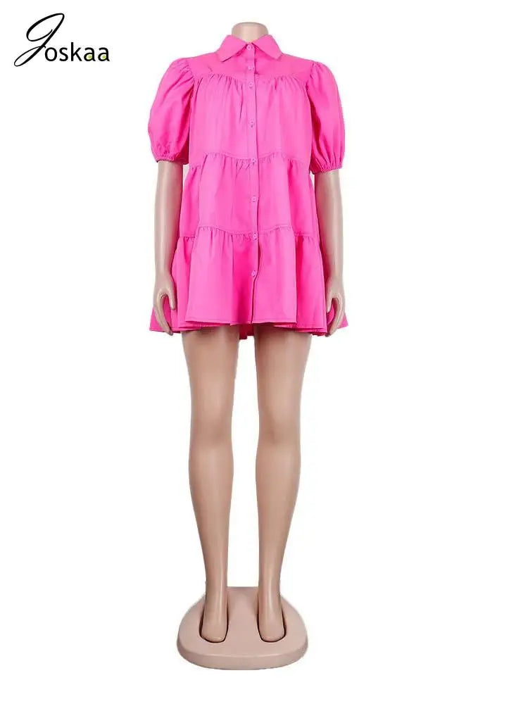 Women's Short Sleeve Lapel Big Swing Mini Dress Rose Red – Back View