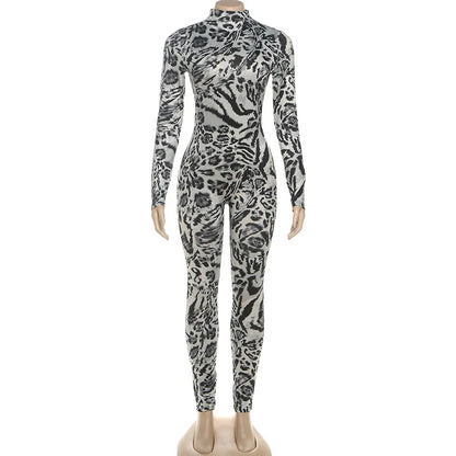 Women's Leopard Print Long Sleeve Bodycon Romper