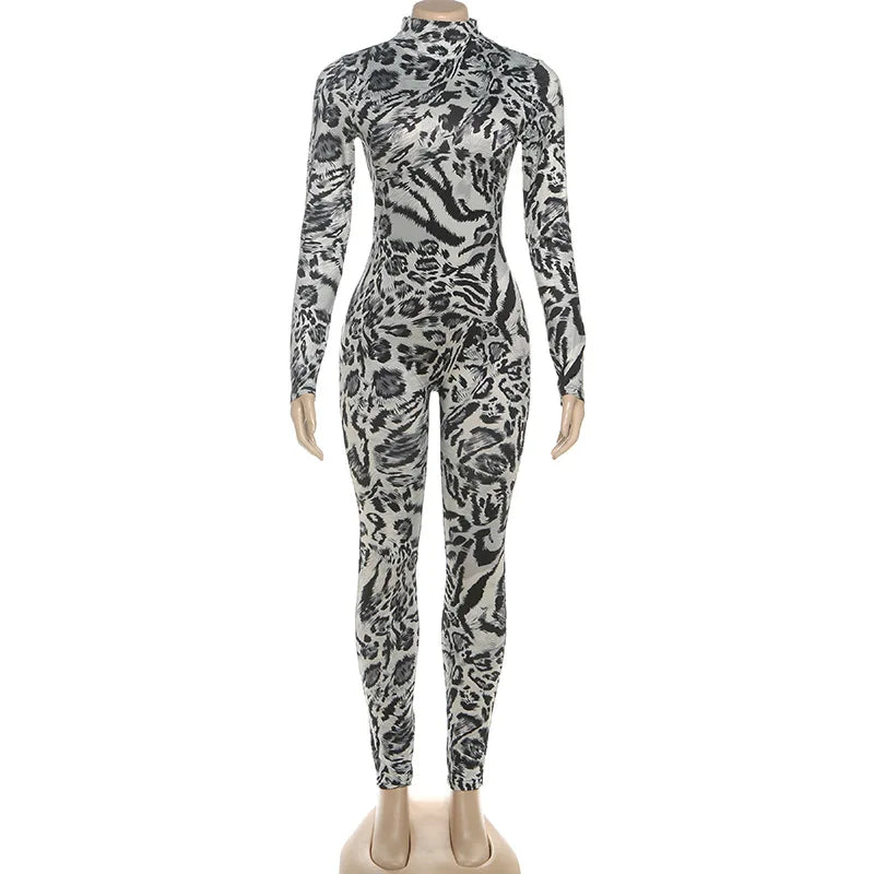 Women's Leopard Print Long Sleeve Bodycon Romper