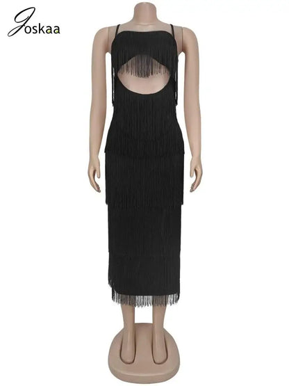 Women's Backless Cutout Long Fringe Strappy Maxi Dress Golden – Back View