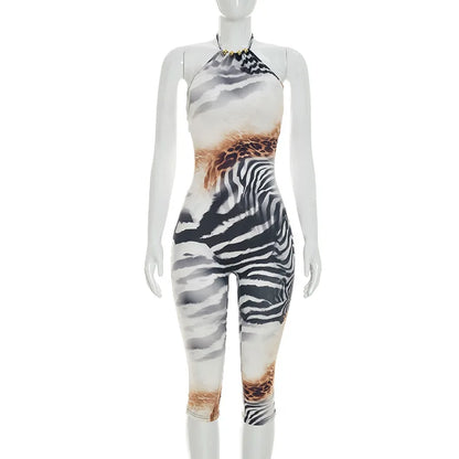 Women's Striped Lace Backless Halter Romper - Additional View 8