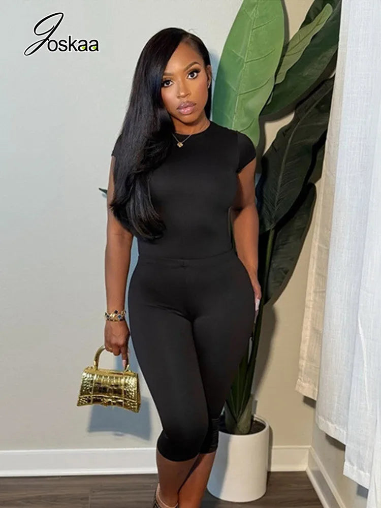Women's Short Sleeve High Waist Two Piece Set Gray – Side View
