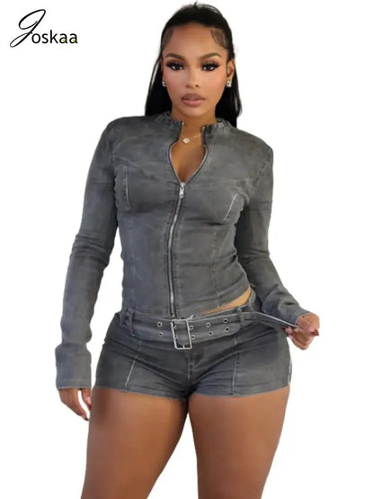 Women's Denim Long Sleeve Zip Two Piece Set – Women's Fashion Wholesale – Front View