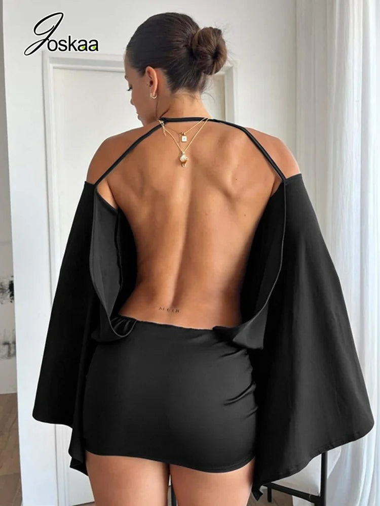Women's Ruched Backless Halter Long Sleeve Mini Dress - Side View