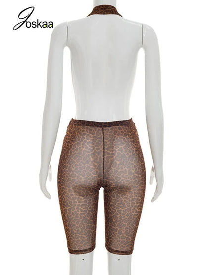 Women's Leopard Print Mesh Backless Romper Brown – Detail View