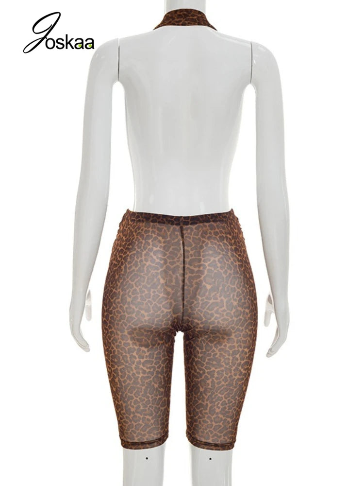 Women's Leopard Print Mesh Backless Romper Brown – Detail View