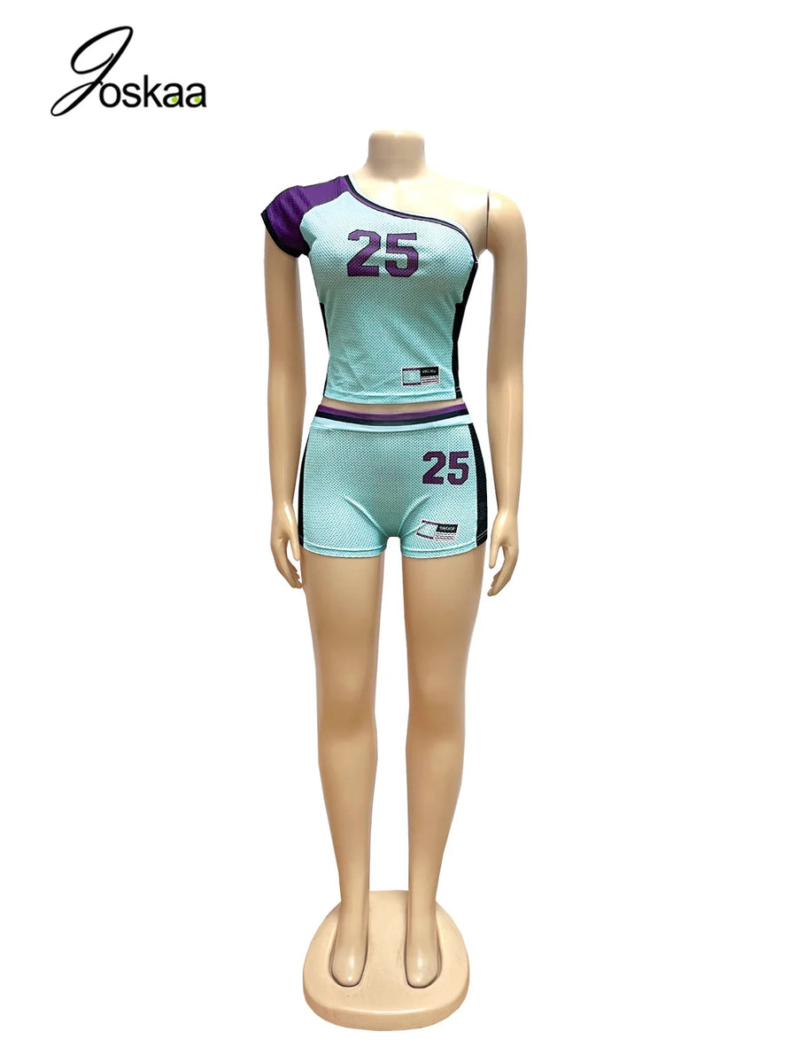 Wholesale Women's Short Sleeve Crop Two Piece Set Blue – Back View