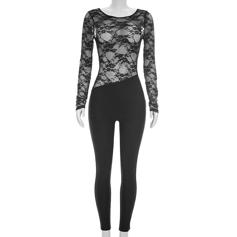 Women's Mesh Lace Backless Long Sleeve Romper