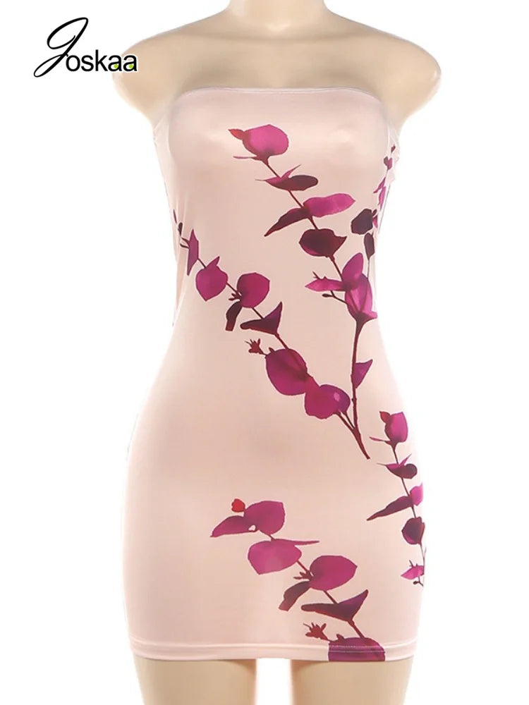Women's Floral Print Backless Strapless Sleeveless Mini Dress - Back View