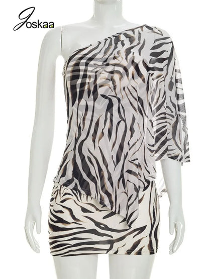 Women's Zebra Print Stripe Mesh Two Piece Set White – Back View