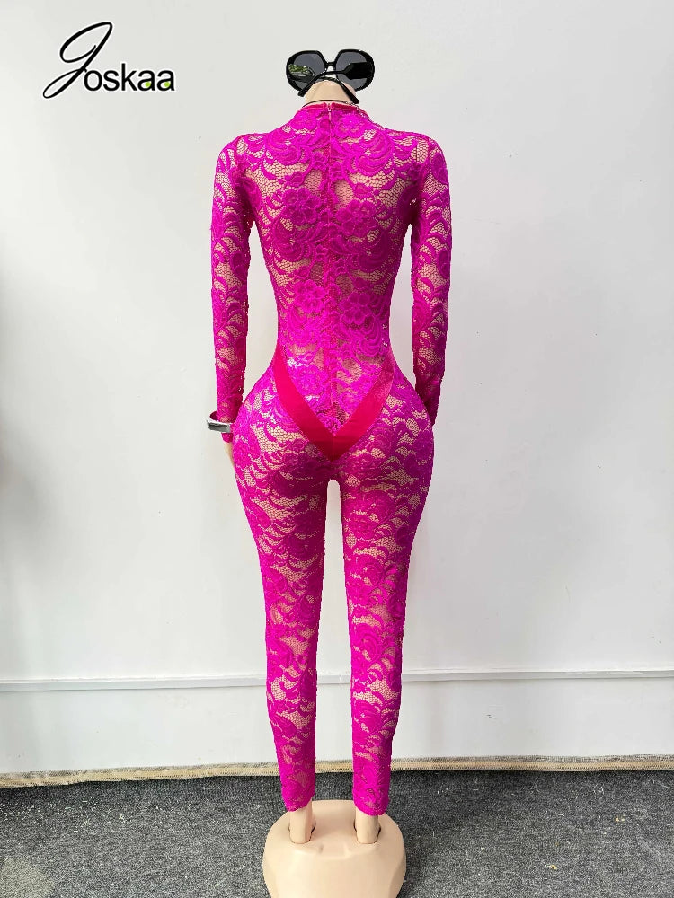 Women's Floral Print Lace Mesh Velvet Romper Purple – Detail View