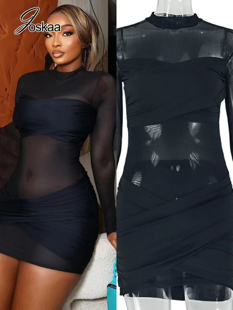 Women's Mesh Ruched Long Sleeve Bodycon Mini Dress - Women's Fashion Wholesale - Front View