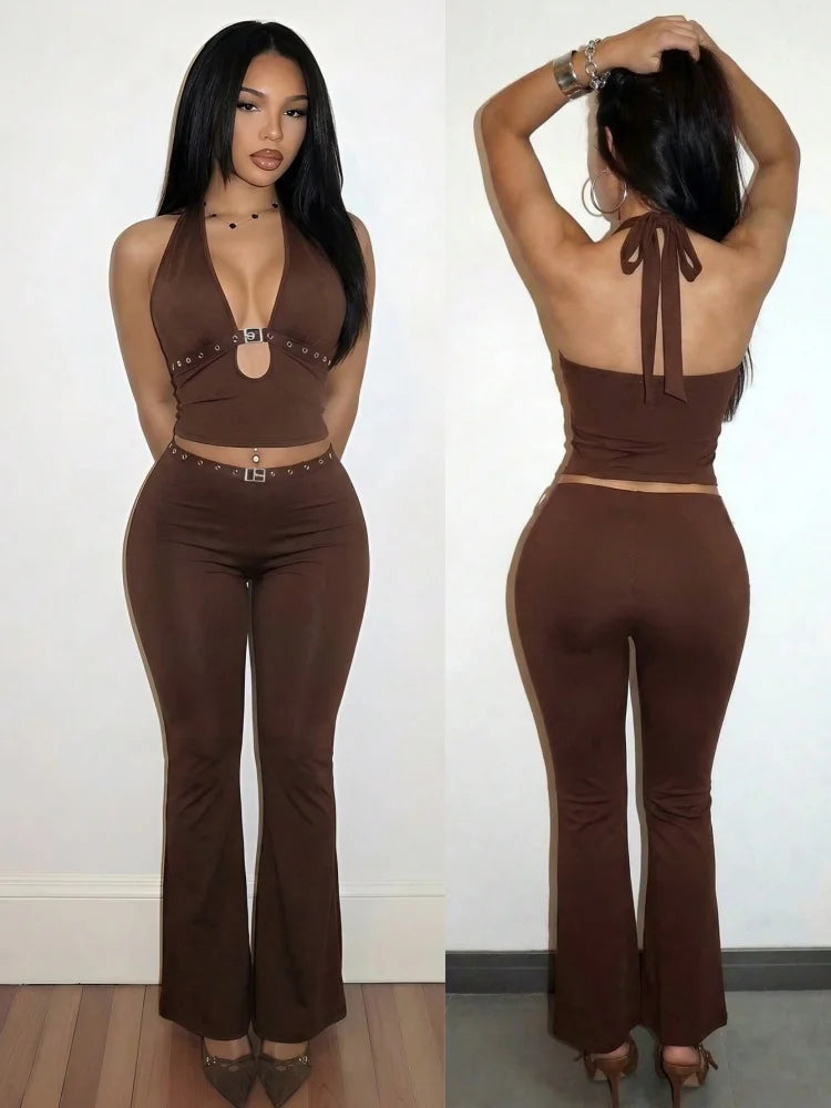 Women's V-neck Halter Wide Leg Two Piece Set - Additional View 8