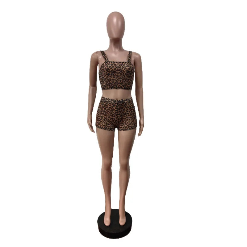 Women's Leopard Print Mesh Crop Two Piece Set