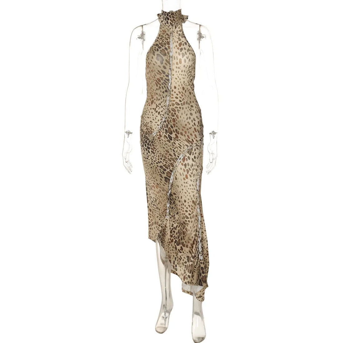Women's Leopard Print Ruched Halter Bodycon Dress - Detail View