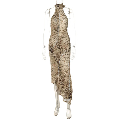 Women's Leopard Print Ruched Halter Bodycon Dress - Detail View