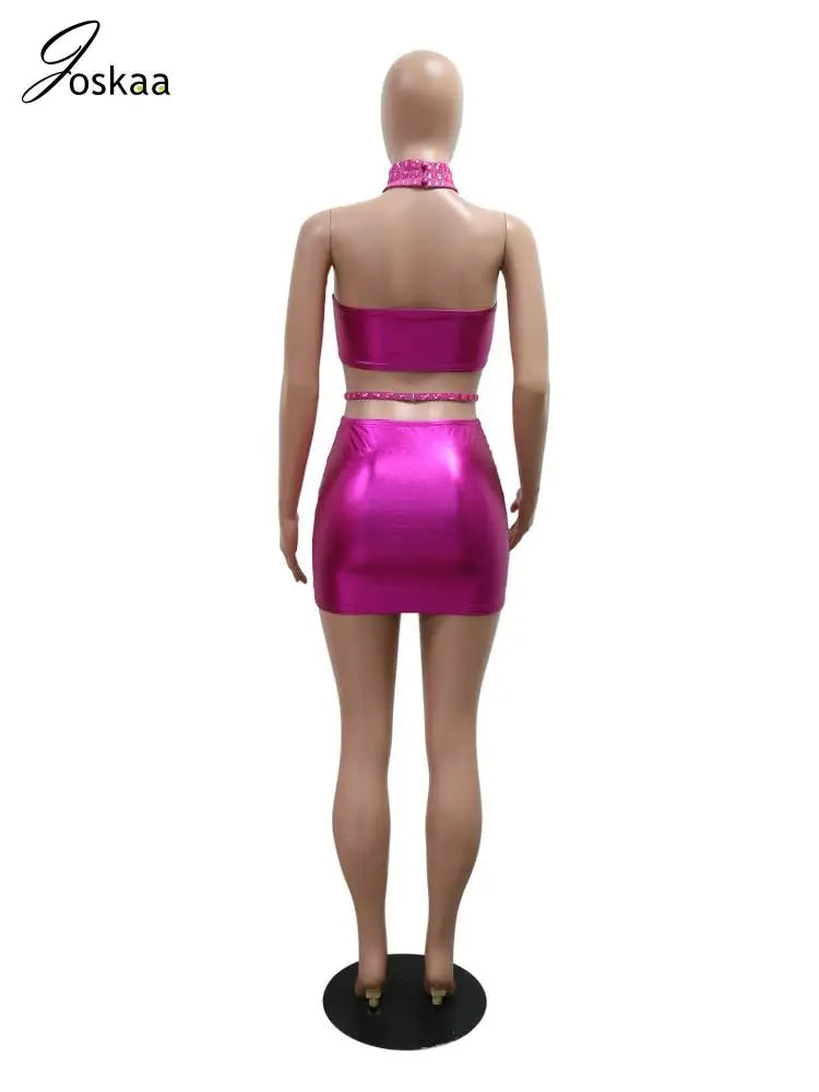 Women's Rhinestone Cutout Halter Two Piece Set Rose Red – Detail View
