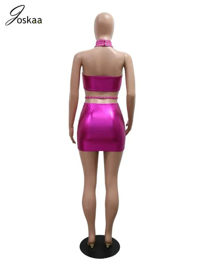 Women's Rhinestone Cutout Halter Two Piece Set Rose Red – Detail View