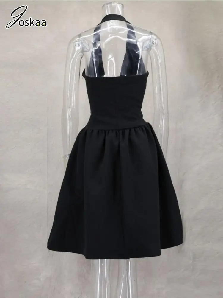 Women's Backless Halter Bow Puffy Deep Dress Black – Detail View