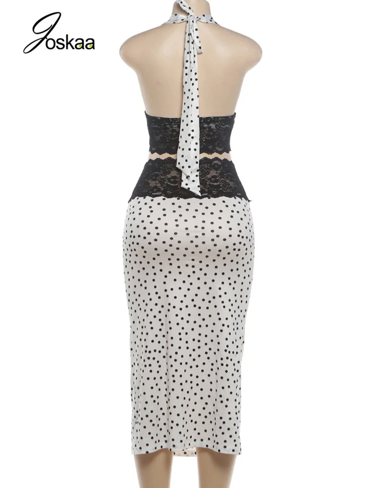 Women's Polka Dot Lace V-neck Halter Two Piece Set - Detail View