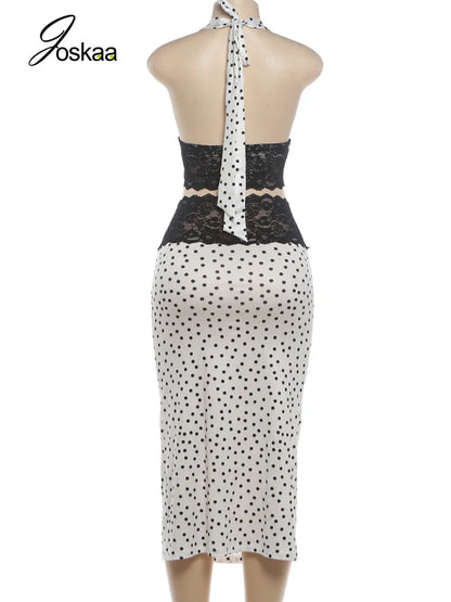 Women's Polka Dot Lace V-neck Halter Two Piece Set - Detail View