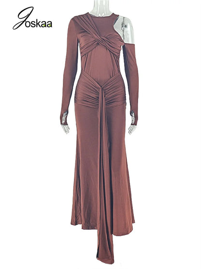 Women's Ruched Long Sleeve Bodycon Maxi Dress Dark Brown – Back View