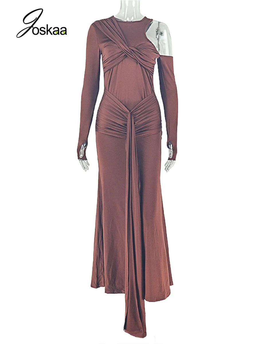 Women's Ruched Long Sleeve Bodycon Maxi Dress Dark Brown – Back View