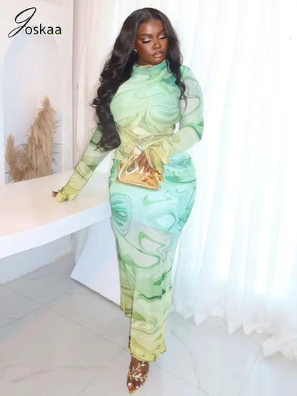 Women's Stripe Ruched Long Sleeve Maxi Dress Green – Side View