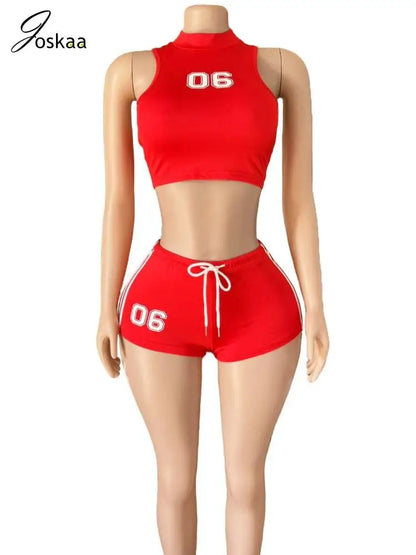 Women's Crop Number Sporty Two Piece Set Red – Detail View