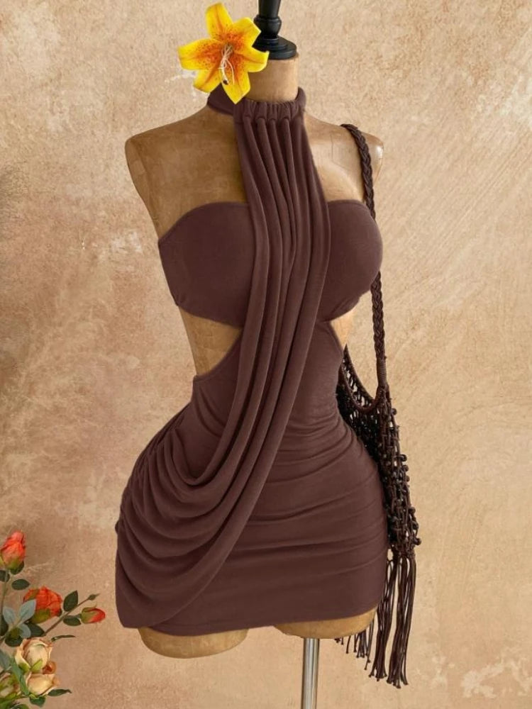 Joskaa Sexy Backless Irregular Halter Neck Mini Dress Women Asymmetrical Hem Bandage Wrap Design Slim Fit Dresses Party Clubwear
