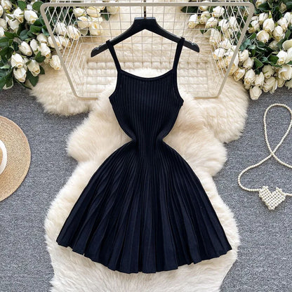 Women's Stripe Knit Sleeveless Ribbed Pleated Dress