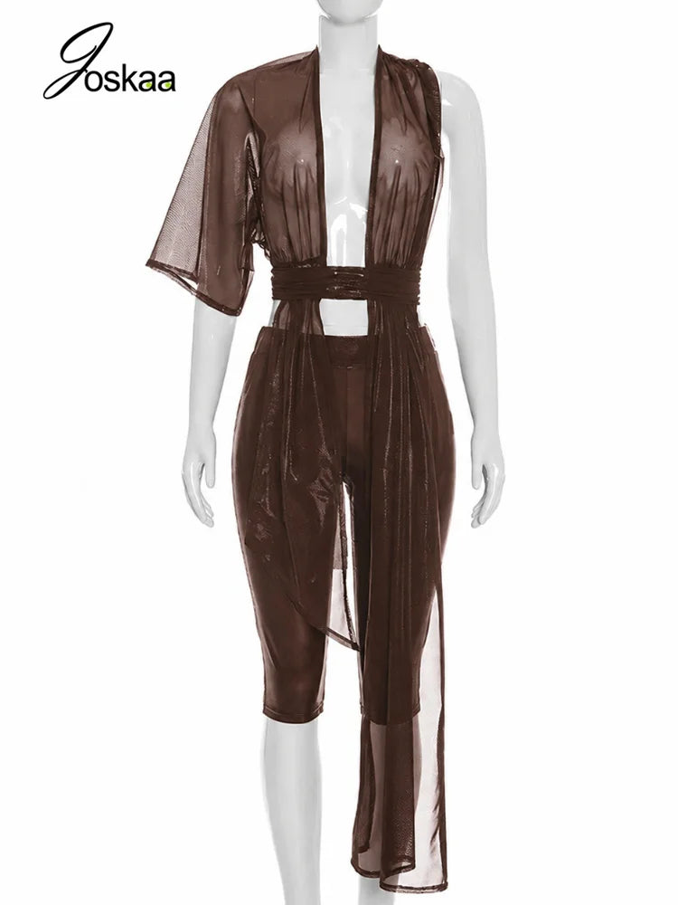 Women's Mesh Backless One Shoulder Two Piece Set - Back View