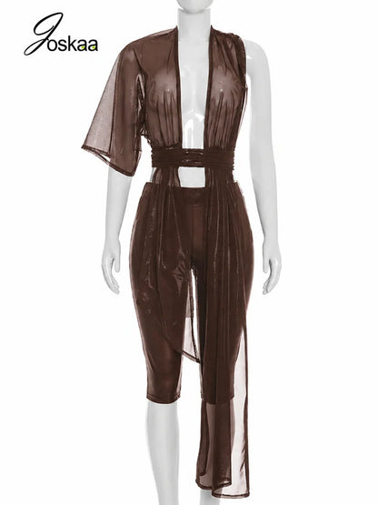 Women's Mesh Backless One Shoulder Two Piece Set - Back View