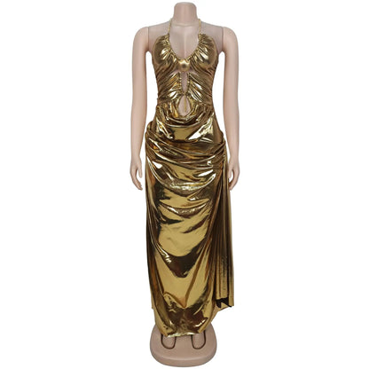 Women's Ruched Cutout Halter Sleeveless Maxi Dress