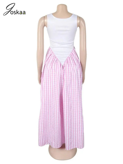 Women's Sleeveless Bodycon Plaid Maxi Dress Pink – Detail View
