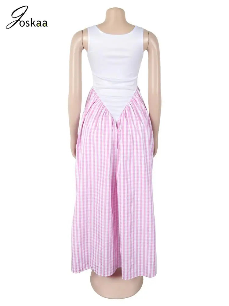 Women's Sleeveless Bodycon Plaid Maxi Dress Pink – Detail View