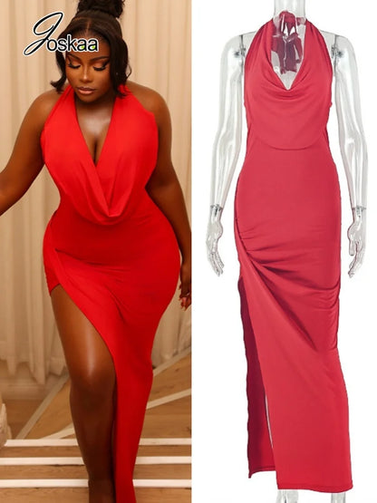 Women's Ruched Halter Bodycon Maxi Dress – Women's Fashion Wholesale – Front View