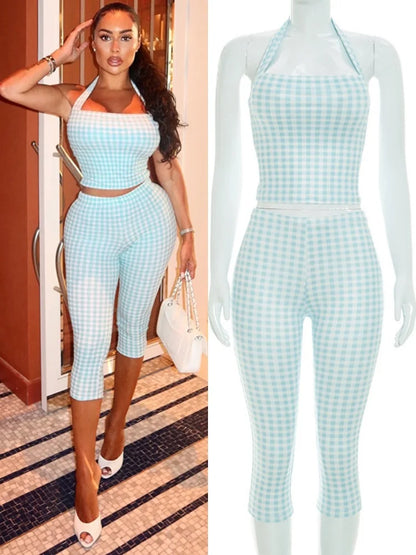 Women's Backless Halter High Waist Two Piece Set Plaid - Detail View 7