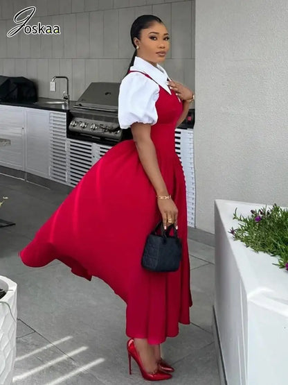 Women's Patchwork Lapel Short Maxi Dress Red – Side View