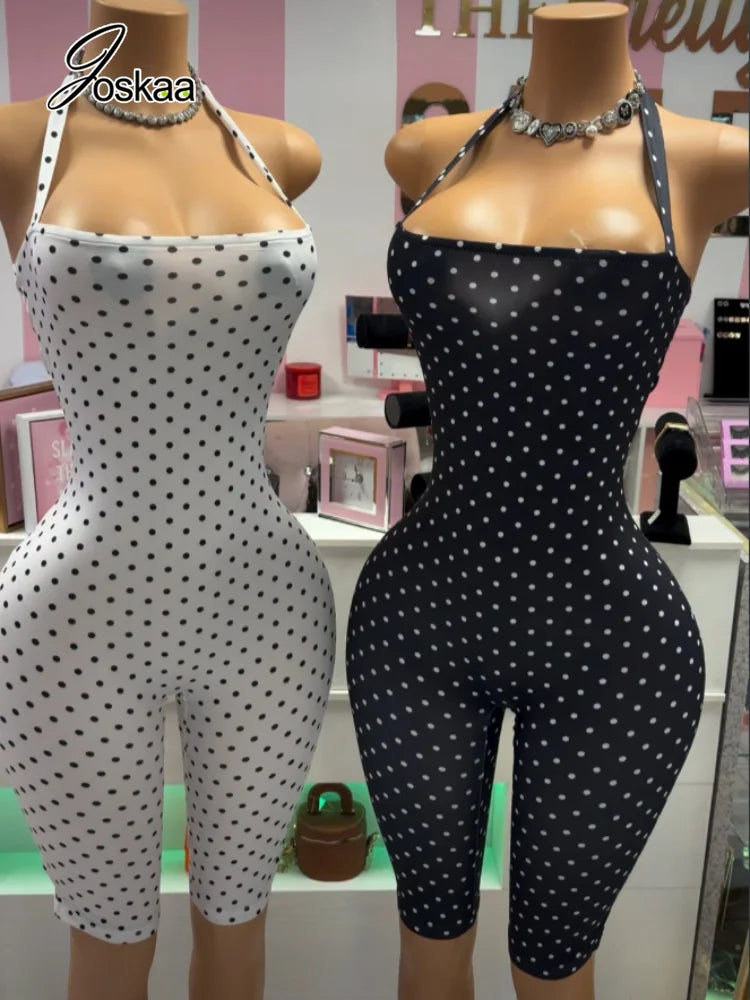 Women's Polka Dot Backless Halter Sleeveless Romper - Women's Fashion Wholesale - Front View