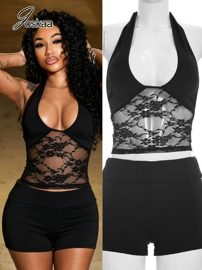 Women's Lace Backless Halter Two Piece Set – Women's Fashion Wholesale – Front View