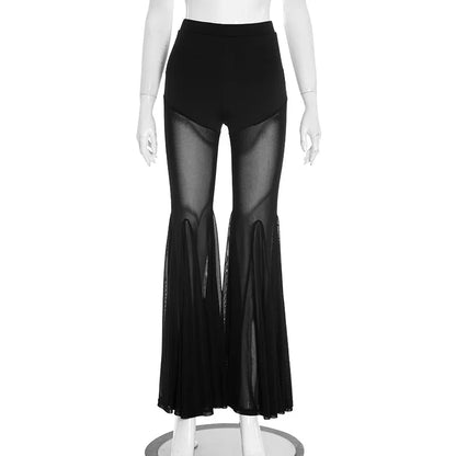 Women's Mesh High Waist Flare Sheer Black Pants