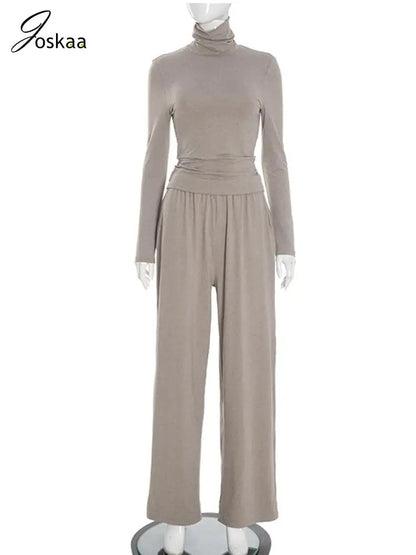 Women's Long Sleeve Fall Sporty Turtleneck Two Piece Set Khaki – Back View