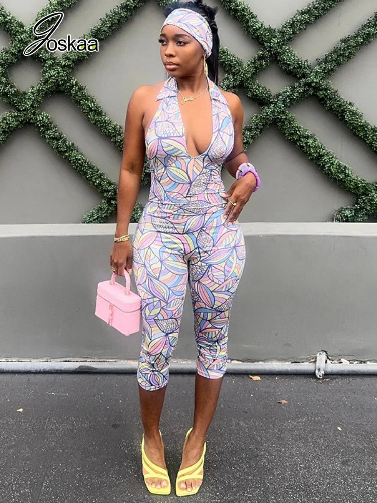 Women's Backless Halter Sleeveless Romper Pink – Front View