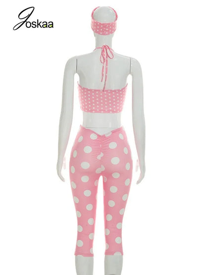 Women's Polka Dot Ruched Halter Two Piece Set Pink – Detail View