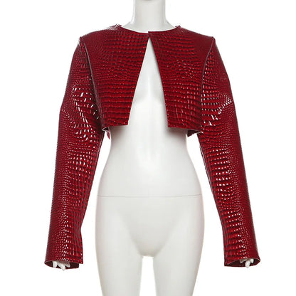 Women's Sequin Long Sleeve Crop Shiny Red Jackets Jacket