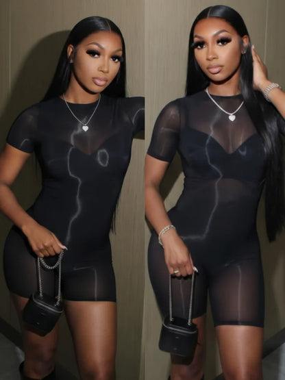 Women's Black Short Sleeve Mesh Bodycon Romper - Detail View 5