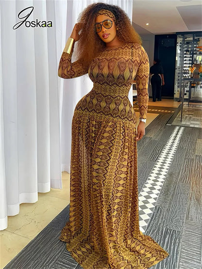 Women's Ruched Long Sleeve Bodycon Maxi Dress Yellowish-Brown – Front View